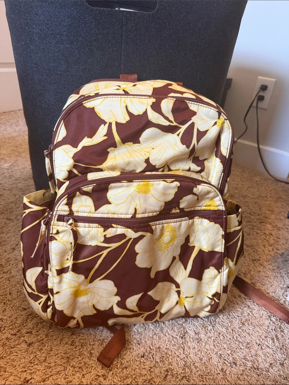 Vera Bradley XL Bancroft Brown Floral Backpack with Cream and Yellow Flowers
